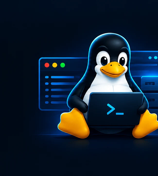 Tux, mascota Linux, lângă un server